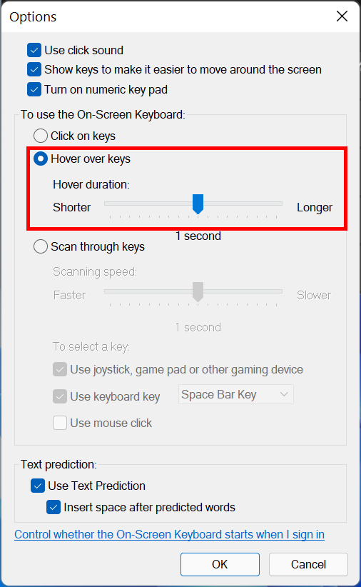 Click on Hover over keys and adjust the Hover duration slider